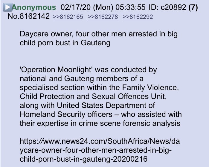 2runtherace's tweet photo. Child porn bust in South Africa - aided by US Homeland security!!
https://t.co/8ogbZ9uKAF
#QResearchNotable
@realDonaldTrump https://t.co/xvUGM6O0mn