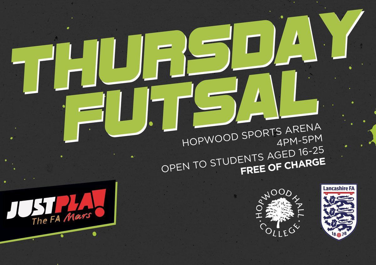 Interested in playing futsal in a college league?

Kick-start your weekend early by joining Hopwood Hall for Thursday night futsal ⚽

Contact sam.smith@hopwood.ac.uk for more details. <a href="/SportandUPS/">Hopwood - Sports Department</a>