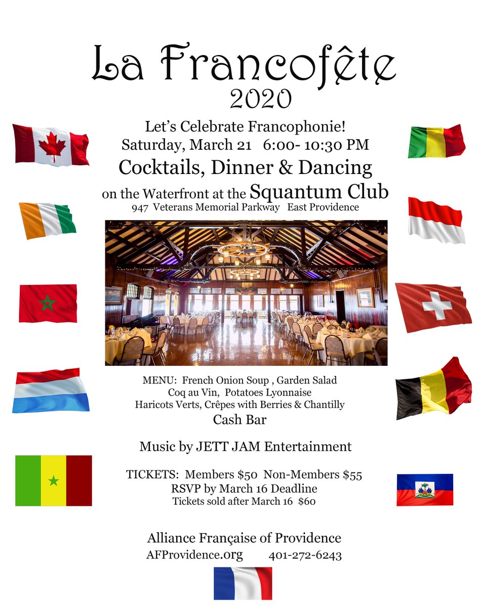 AFProvidence's tweet photo. Join us for la FRANCOFETE at the Squantum Club, a fun night with food, drinks and dancing! Reserve now by calling 401-272-6243 or emailing afprovidenceri@gmail.com. https://t.co/8zcgprcH1U