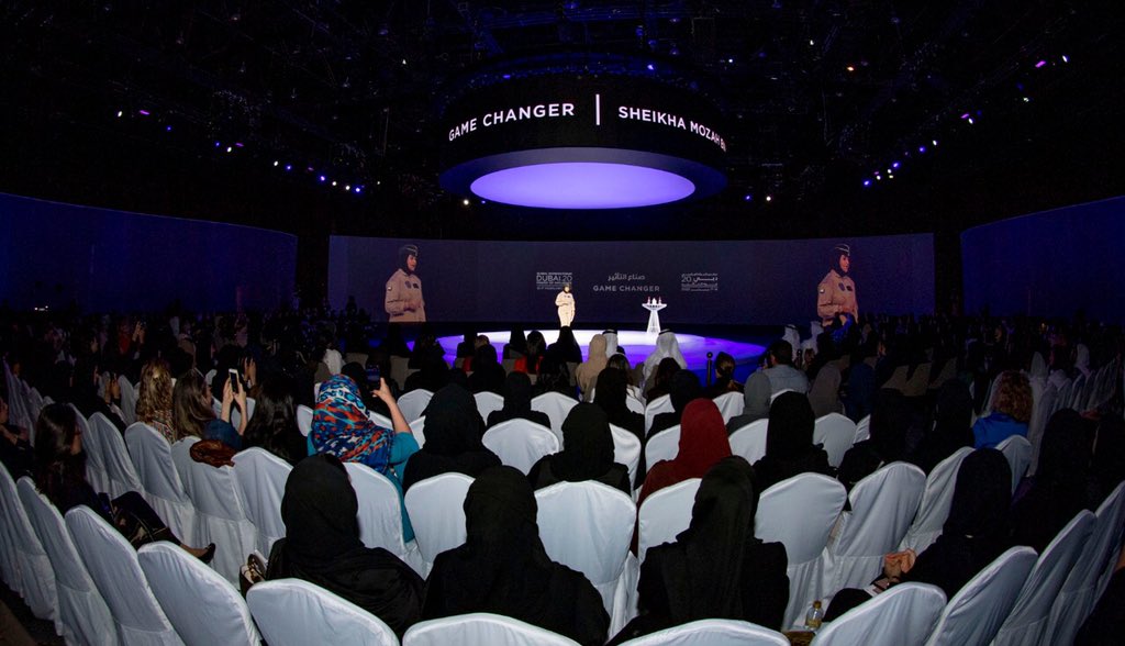DXBMediaOffice's tweet photo. Heralding a unique ‘Game-Changer’ session at the Global Women’s Forum Dubai 2020, Captain Sheikha Mozah bint Marwan Al Maktoum touched the #GWFD2020’s  audience with her inspirational story being the first woman to join the Dubai Police Air Wing as First Lieutenant Pilot. https://t.co/H0vsGKBFwP