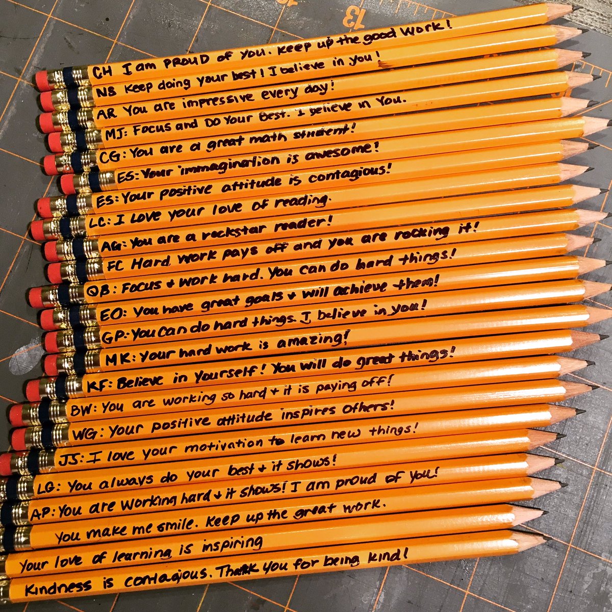 HeatherHJC's tweet photo. Personalized Positive Pencils... These will greet my students in the morning. #culturize #kingsstrong @SLEKnights @Kings_Schools @PrincipalBJA https://t.co/Sqwvrdcx0u