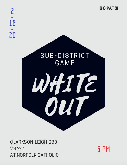 ATTENTION STUDENTS:

WHITE OUT for the Girls sub-district game on Tuesday at Norfolk Catholic. Game starts at 6pm!

Wear White ⚪️
Cheer Loud 💥
Go Pats 🏀
