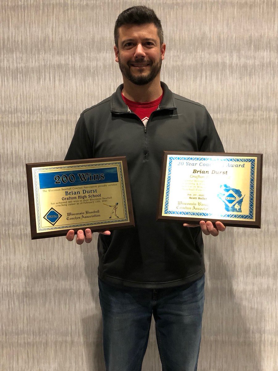 GraftonHIHawks's tweet photo. Congratulations to GHS teacher and Head Baseball Coach Brian Durst, who was recoginzed this past weekend at the WBCA clinic for 200 career victories! #BlackHawkpride https://t.co/BUZ6oWwdaM