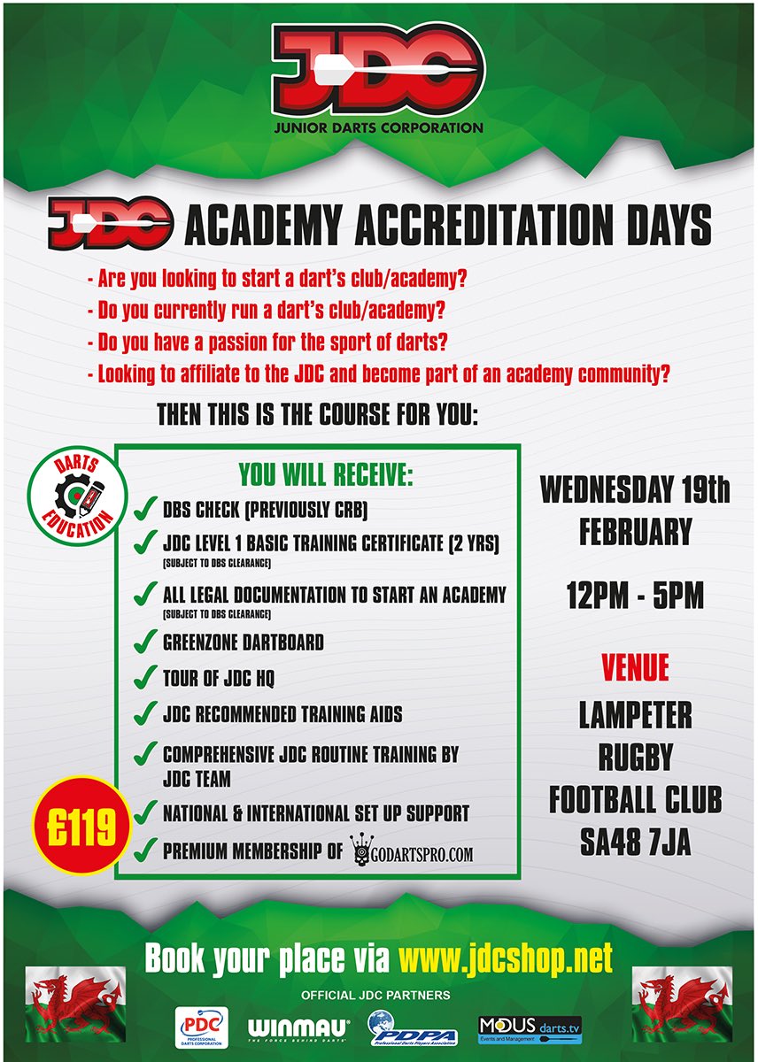 LampeterDarts's tweet photo. This Wednesday at @LampeterTownRFC, Extra Coaches for @BishopofBedlam Lampeter and new Academies for Aberystwyth, New Quay, Barry, Swansea &amp; Builth Wells. Great to see the fantastic @JDCdarts network expanding all over https://t.co/pwwJGAbr2m