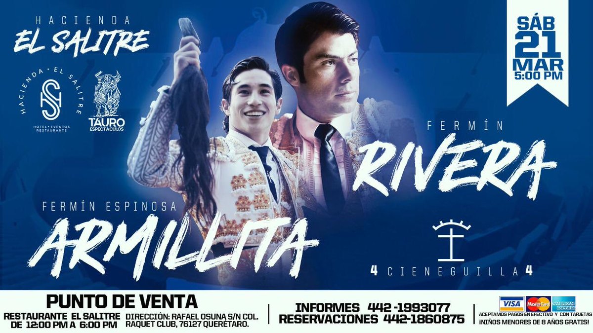 La empresa <a href="/Tauroespect/">Tauro Epectáculos</a> anuncia al
Matador Fermín Rivera para partir plaza en El Salitre.

Sábado 21 de Marzo

 <a href="/FerminRiveraA/">F e r m í n • R i v e r a</a> / <a href="/FerminArmillita/">Fermin Armillita</a> 

4 Cieneguilla 4

5:00 pm #ToreaFermínRivera