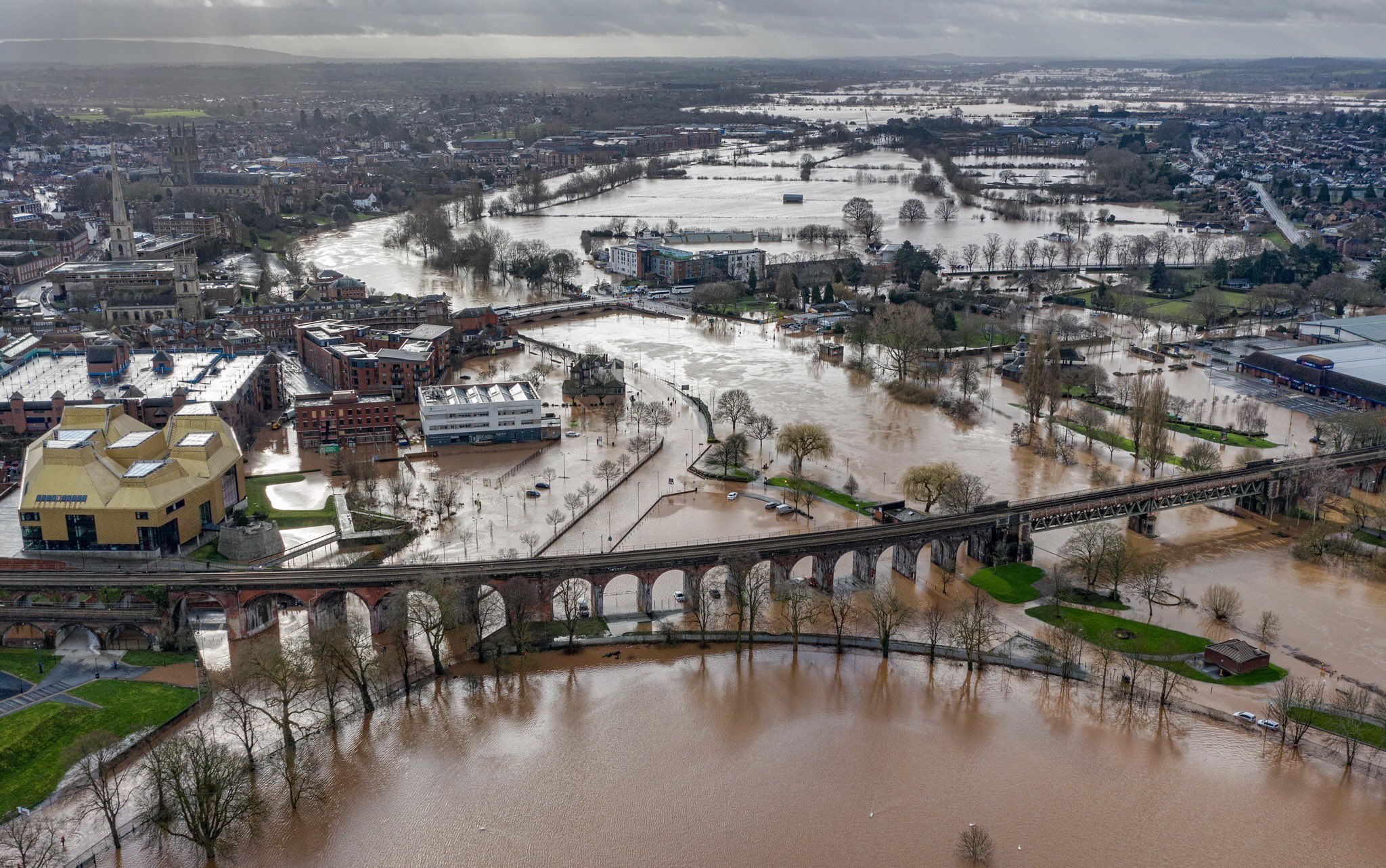 drone photo of flooding in Worcester due to storm Dennis 