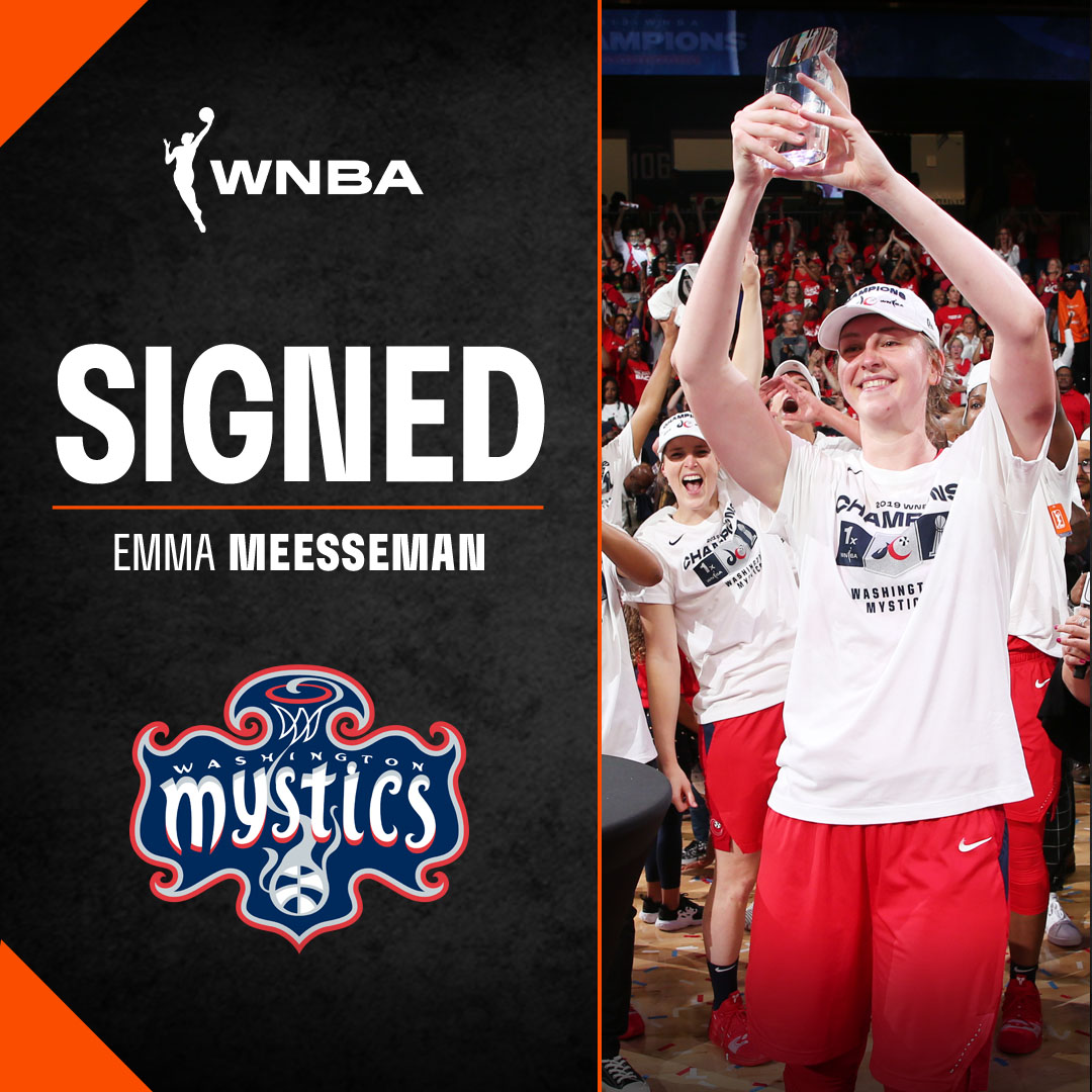 WNBA's tweet photo. 🚨 She's back! 🚨

2019 #WNBAFinals MVP @EmmaMeesseman has re-signed with the @WashMystics! https://t.co/7r7lUmpXS4
