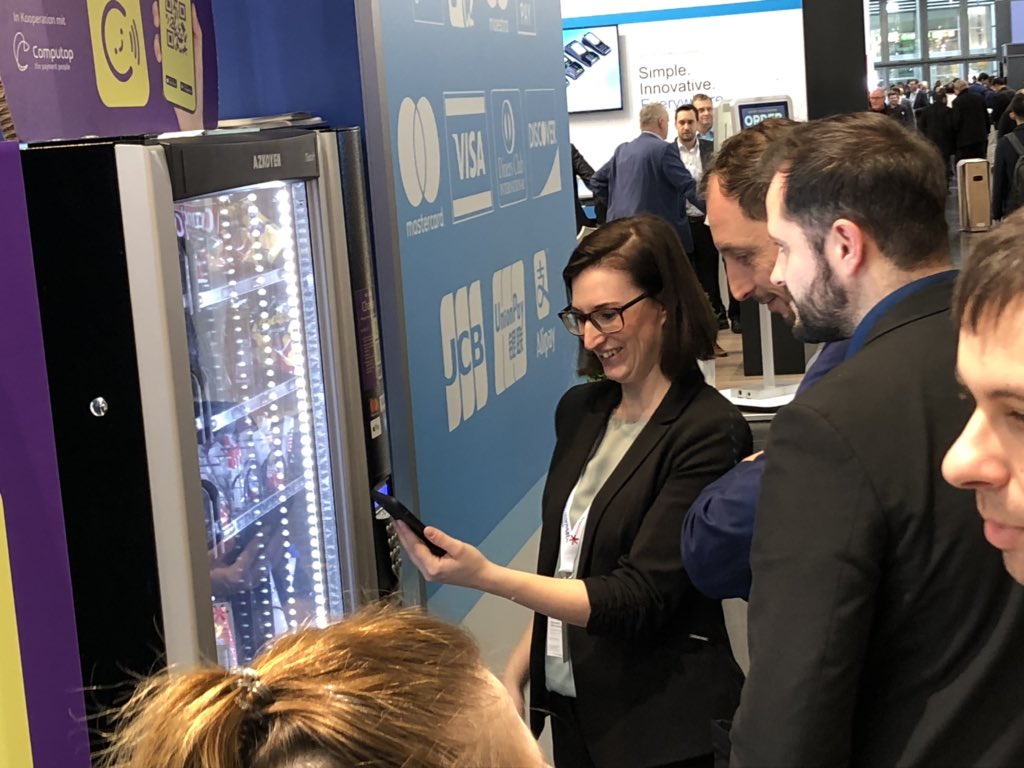 MSpiessl's tweet photo. Busy day for @syngenio , @ZIIB_bargeldlos and @Computop at the @EuroShop launching the vending machine payment app #PayWithCharlie ... #EuroShop2020 https://t.co/45ySgI9SUq