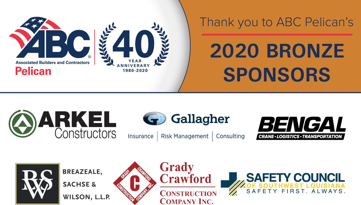 abcpelican's tweet photo. Announcing our 2020 Platinum, Gold, Silver and Bronze Sponsors!

On this #MemberMonday, we are grateful for the generous support of these nearly 40 #ABCMeritShopProud Member Companies: https://t.co/uynr6VKzn5 https://t.co/FbZ1b9qGkQ