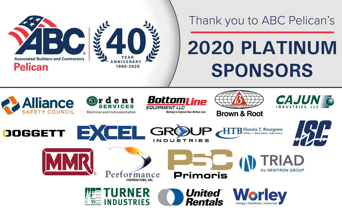 abcpelican's tweet photo. Announcing our 2020 Platinum, Gold, Silver and Bronze Sponsors!

On this #MemberMonday, we are grateful for the generous support of these nearly 40 #ABCMeritShopProud Member Companies: https://t.co/uynr6VKzn5 https://t.co/FbZ1b9qGkQ