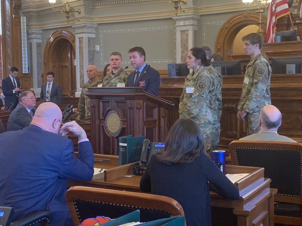 The <a href="/LHS_JROTC/">Leavenworth JROTC</a> RAIDERS National Champions came to Topeka today! It’s an honor to host the team and show them around the Capitol. They met Governor <a href="/LauraKellyKS/">Laura Kelly</a> and came to the House of Representative as a point of privilege. So proud of this team. <a href="/PeteTweets453/">Leavenworth USD 453</a> #ksleg