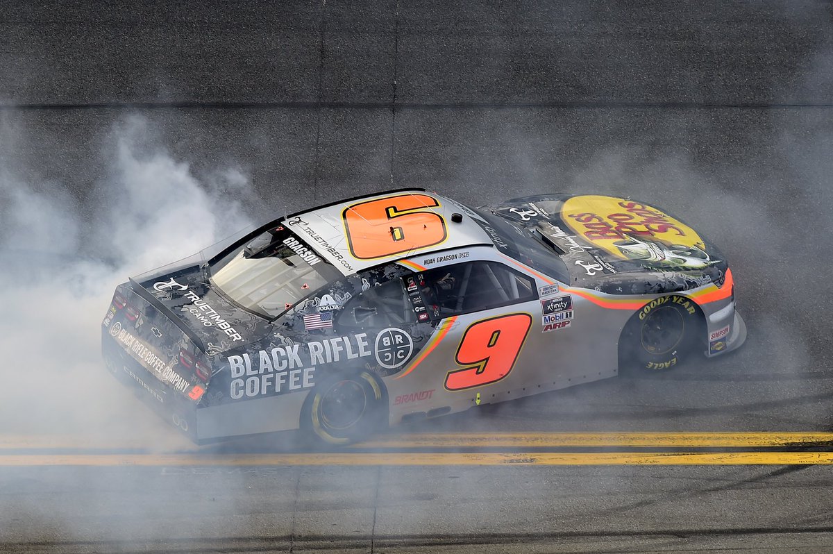 Congratulations @JRMotorsports and @NoahGragson on your first win together at @DISupdates Saturday. It was a wild one! We proudly produced and wrapped this winning silver, neon and camo machine. Who’s looking forward to seeing the 500 finish today?