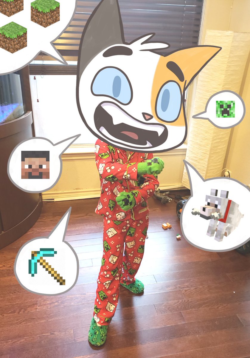 I think I broke my  #Minecraft thread? Seems to fracture off in places. Annoying! I'll attempt to continue it here. He came downstairs decked out in his "Minecraft Costume", so I of course had to take a pic!