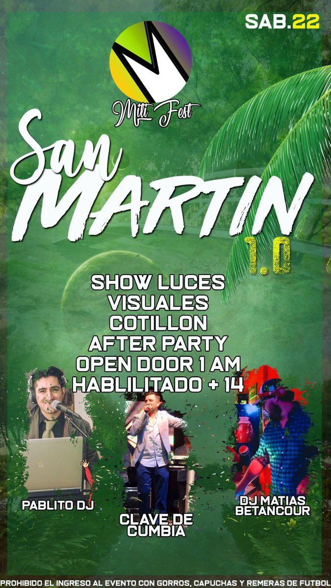 PablitoDJ_'s tweet photo. SAB 22 | FEB 🎉
Nos reencontramos en San Martín 🏕 para vivir una #MITIFEST única 🤩
✔️ Open Door 01:00 🕐
✔️ 2 DJS - @Beta_DiscoMovil
✔️ Clave de Cumbia en vivo
✔️ Show visuales y Cotillón
✔️ After Party al ☀️
Participa y Gana #Free 🎫
✔️ Dale RT y ❤️
✔️ 💭 ult de DOC
🍀 https://t.co/TKdX3SAuHL
