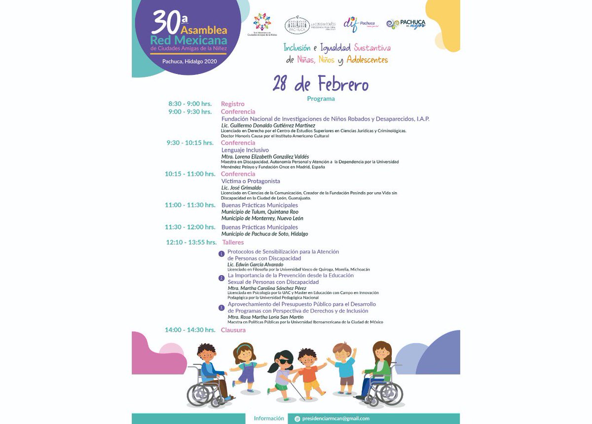 Estimados miembros, ya se acerca la fecha para la próxima 30 Asamblea Nacional de la Red Mexicana de Ciudades Amigas de la Niñez, que tendrá verificativo en el municipio de Pachuca, Hidalgo, este 27 y 28 de Febrero, esperando contar con su valiosa participación.