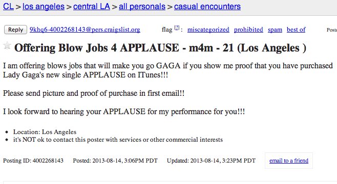 24. lady gaga fans offering blowjobs on craigslist for those who purchased her new single