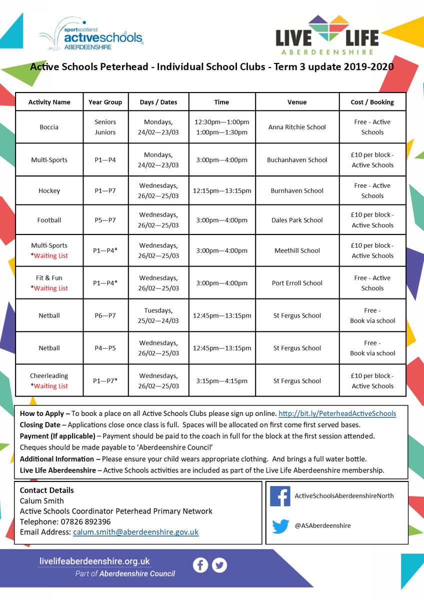 ASAberdeenshire's tweet image. #ActiveSchoolPeterhead

We have some new clubs starting after the mid-term break in the Peterhead network.

To sign up for any of the new clubs or the clubs continuing please do so via the online link: bit.ly/PeterheadActiv…

#moreactive #stayactive

@BuchanhavenPS @Dales_Park