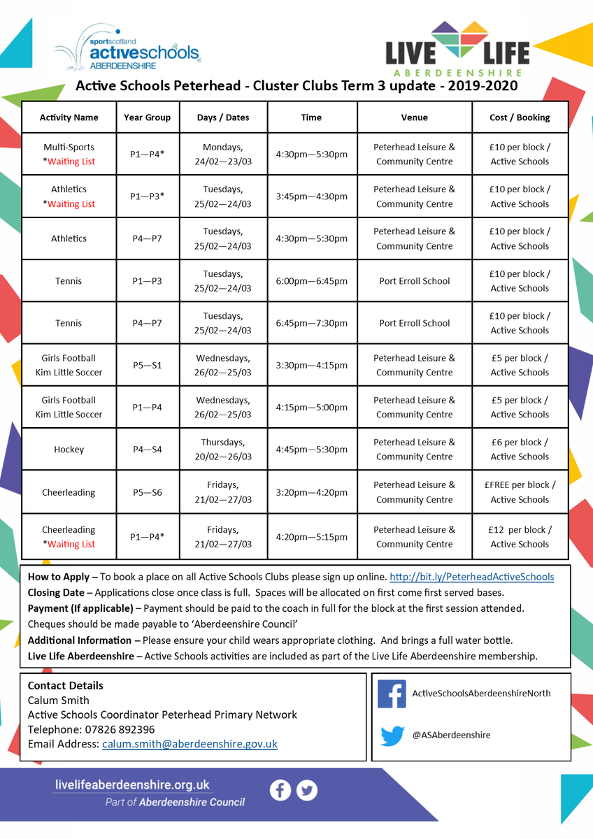 ASAberdeenshire's tweet image. #ActiveSchoolPeterhead

We have some new clubs starting after the mid-term break in the Peterhead network.

To sign up for any of the new clubs or the clubs continuing please do so via the online link: bit.ly/PeterheadActiv…

#moreactive #stayactive

@BuchanhavenPS @Dales_Park