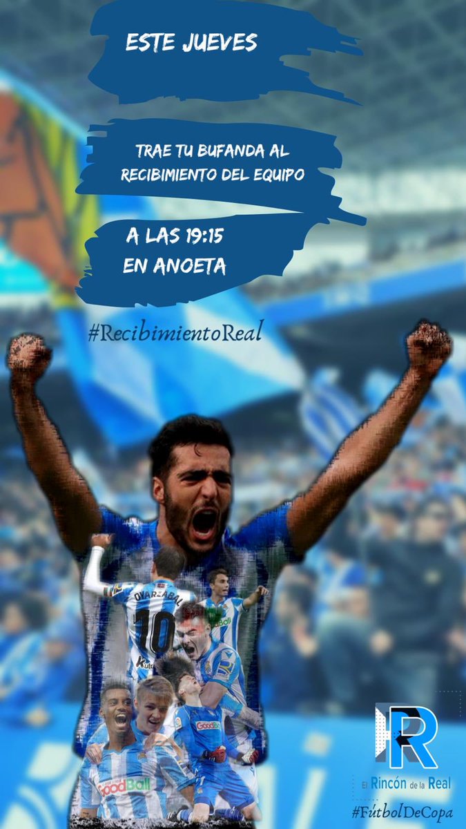 rincondelareal's tweet photo. Este jueves os esperamos a todos a las 19:15 en Anoeta para recibir a la #RealSociedad.
#RecibimientoReal #FútbolDeCopa https://t.co/cNTpHz4Zw5