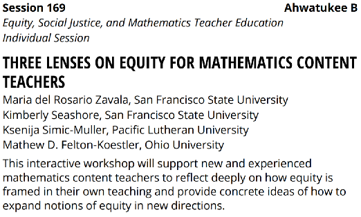 FeltonKoestler's tweet photo. Slides and materials from #AMTE2020 presentation: Three Lenses on Equity with @mdrzavala, Kim Seashore, and Ksenija Simic-Muller.

#iteachmath #mathedequity #criminaljustice

https://t.co/N89caGJSDF https://t.co/YBysMgCZfq