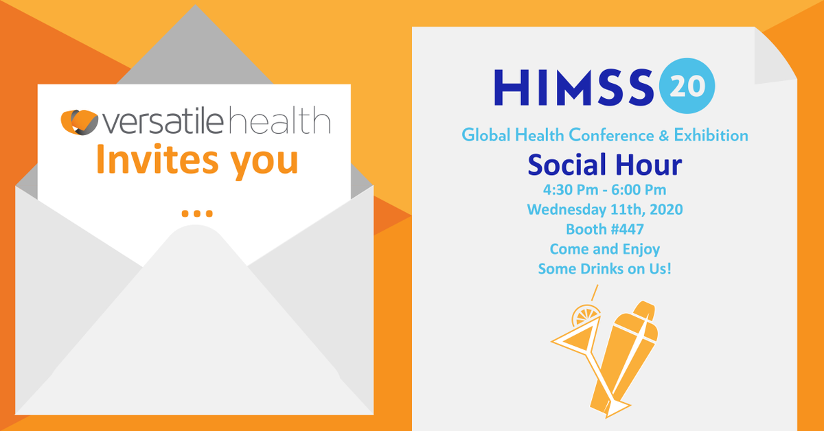 VersatileH_'s tweet photo. Stop by our booth #447 during #himss2020 #socialhour and grab a drink on us! We will have an #openbar on March 11th, 4:30 pm - 6:00 pm. #VersatileHealth https://t.co/diFxiAGSiY