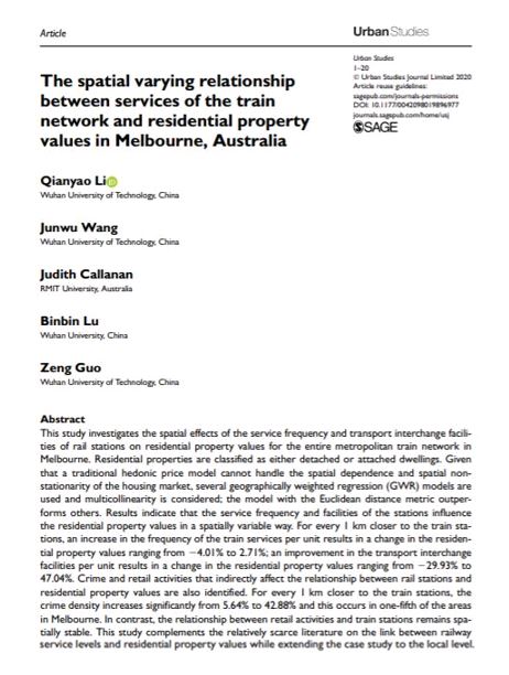 USJ_online's tweet photo. New article by Li et al: The #spatial varying relationship between services of the #TrainNetwork and residential #PropertyValues in Melbourne, Australia https://t.co/CiRO6E2Op0 https://t.co/f4Zkrlb8oG