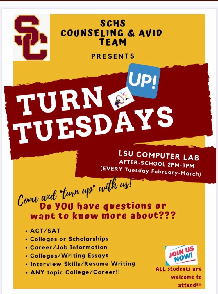 Don’t forget Turn “UP” Tuesdays ARE BACK! 🙌 

The 1st one will be THIS Tues. Feb. 11th after-school in the LSU computer lab!

Get help with SAT/ACT info, finding  scholarships, FAFSA, college apps,  &amp; more! 🎓

<a href="/HumbleISD_SCHS/">Summer Creek High</a>
 
<a href="/HartlineLindsey/">Lindsey Hartline</a>
 
<a href="/SCHS_CO2020/">SCHS C/O 2020</a>
 
<a href="/schsclassof21/">SCHS ‘21 🐾</a>