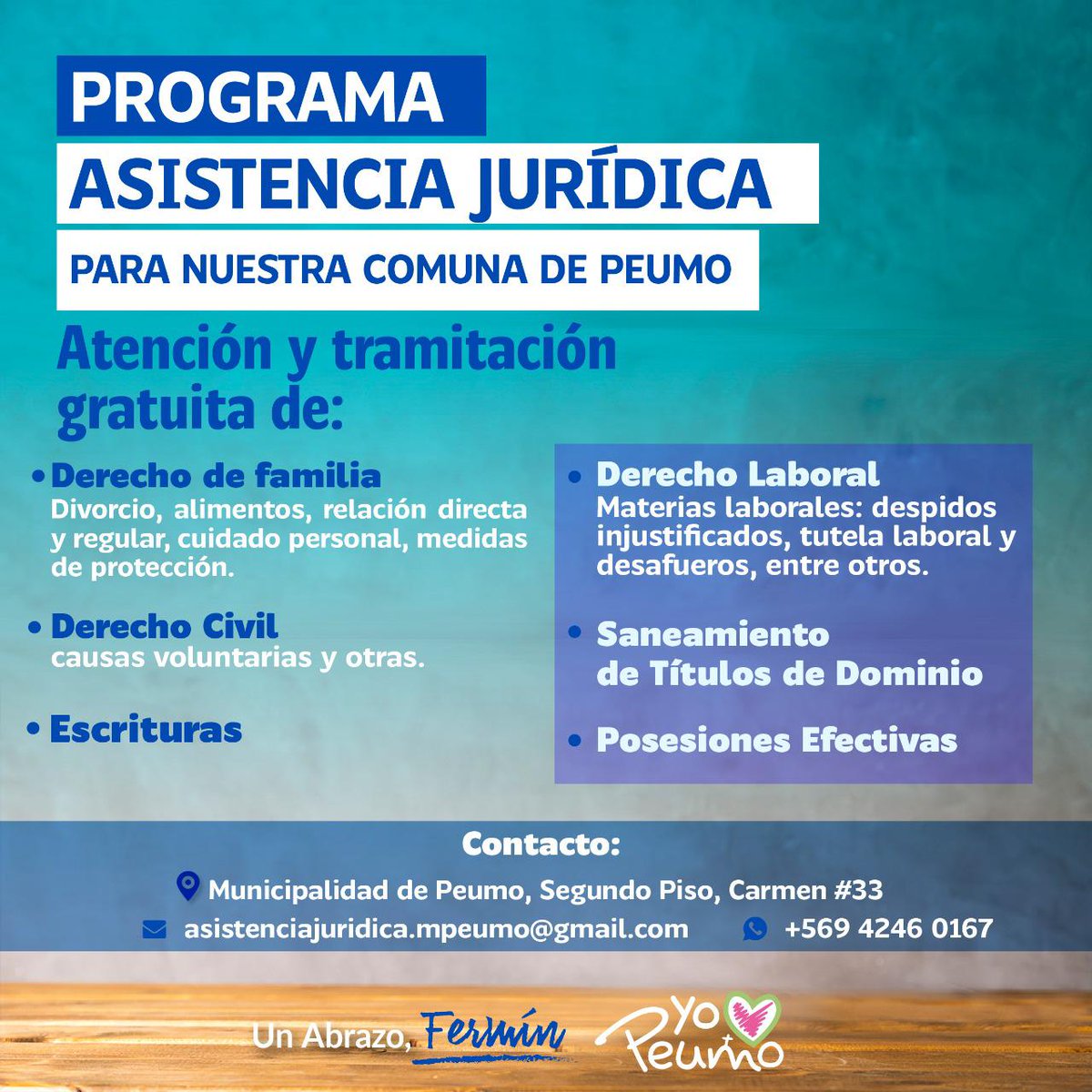PROGRAMA DE ASISTENCIA JURÍDICA COMUNITARIA.

El programa de asistencia jurídica, es un programa que viene a entregar ayudas en el ámbito judicial para nuestros vecinos y vecinas de Peumo.