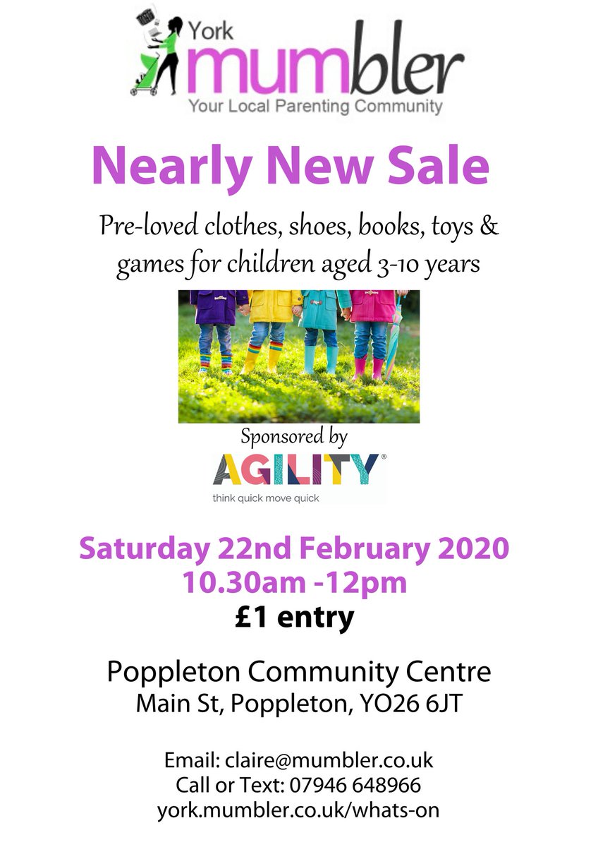 🎮Nearly New Sale for OLDER CHILDREN - Saturday 22nd February 10.30am-12pm at The Poppleton Centre 🎮

Come along to York Mumbler's first sale of pre-loved children's items (aged 3-10yrs)
👕clothes 🥾shoes 🧸toys ♠️games 📚books

Sponsored by <a href="/AgilityParks/">Agility</a>
