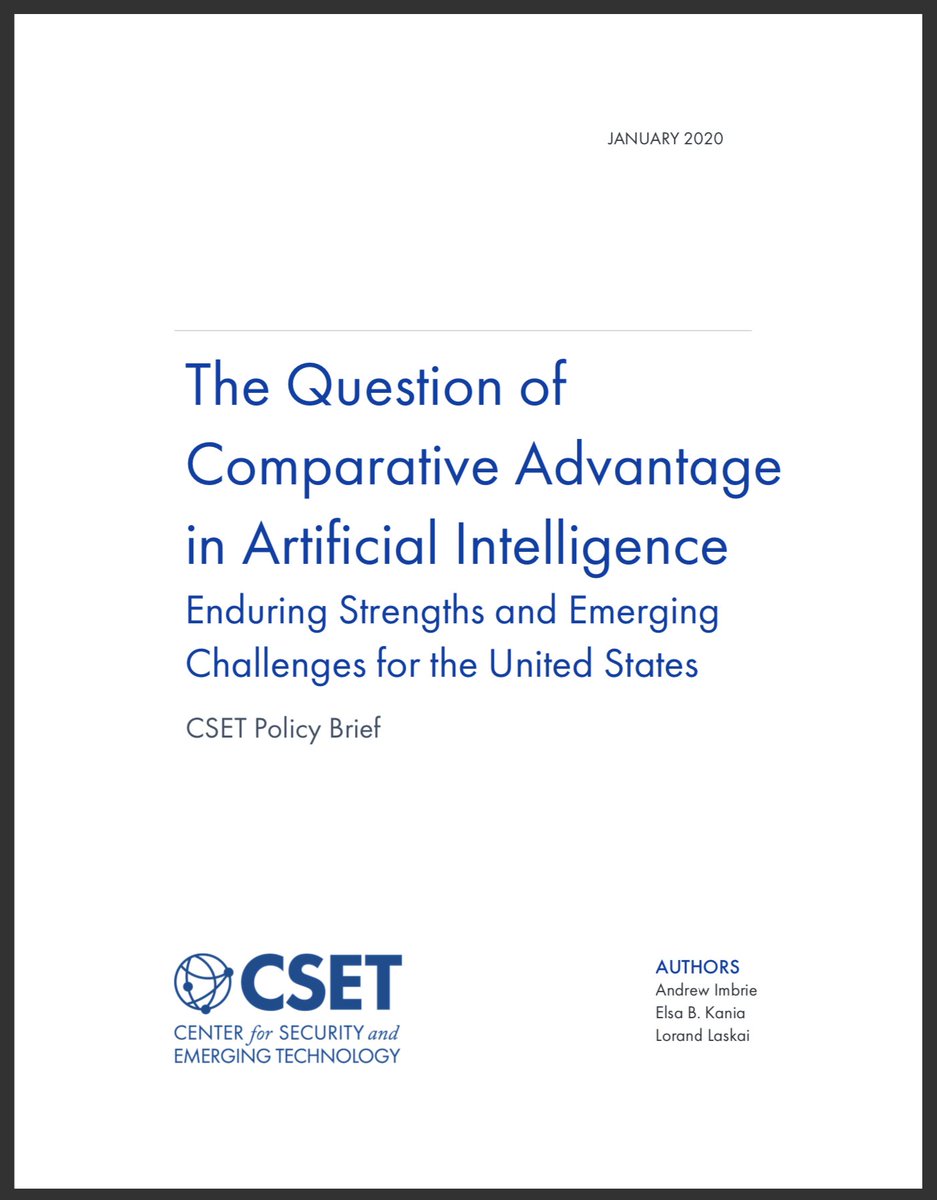 The U.S. has a number of strengths in AI, but they are not a given. <a href="/Andrew_Imbrie/">Andrew Imbrie</a>, <a href="/EBKania/">Elsa B. Kania</a> &amp; <a href="/lorandlaskai/">Lorand Laskai</a> provide recommendations for securing and enhancing these strengths in CSET’s latest report. Don’t miss it: bit.ly/2NSpIX0