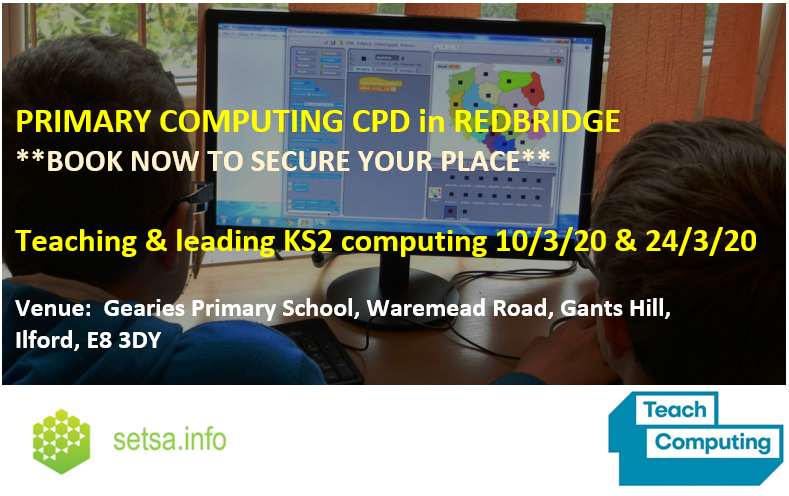 cs_essex's tweet photo. Upskill in @Primary @Computing teaching:  Upcoming 2-day course in @redbridge at Gearies Primary School.
* Course cost - £70 
* Bursaries - £440 (T&amp;Cs apply: https://t.co/Cb2GbhKiES)
Booking link: https://t.co/3cDiXsgPiy
(Links to all our courses at https://t.co/masDMbqkCh) https://t.co/IDDT2VrLzL