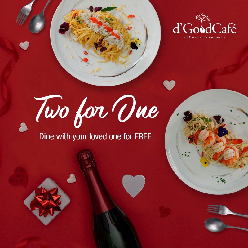 Whether it is with your bestie or partner this Valentine’s Day, we have sweetened your meal with a great deal. Enjoy 2 pastas for the price of 1!

#dGoodCafe #DiscoverGoodness #ValentinesDay #HollandVillage #TakashimayaSC #JewelChangiAirport #stfoodtrending #hungrygowhere