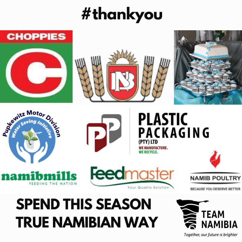 TeamNamibia's tweet photo. A huge #thankyou to our members, #NamibiaBreweriesLimited, #NamibMills, #ChoppiesNamibia, #PupkewitzMotors, @PPnamibia and @JackyCoetzee6 #CakesForNamibia for the support during the festive season 2019.
#buylocal
#supportlocal
#TeamNamibiaProduct https://t.co/4YnNteb0mn