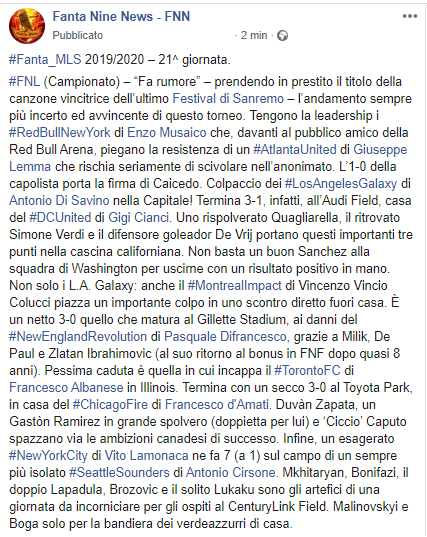 fanta9news's tweet photo. I risultati della 21^ giornata del #fantacalcio di #Fantanine: #FNL (Campionato), #FNA e #FNGp.
Eh sì, per dirla con #Diodato, la nostra lega #FaRumore… 🎶
#Sanremo2020 #Sanremo70
#Fanta_MLS https://t.co/d3b3hX5A7e
