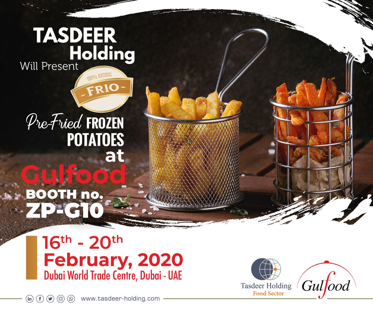 TasdeerH's tweet photo. Let’s welcome you at our booth ZP-G10, where we’ll present our new frozen potatoes brand FRIO at Gulfood, Dubai, UAE, 16-20 February 2019.
#export #invest_in_egypt #trade  #trade_shows #new_innovation  #potatoes #frozen_food #sweet_potatoes #frio #gulfood_2020  #dubai #UAE https://t.co/Wooy6xMDP9