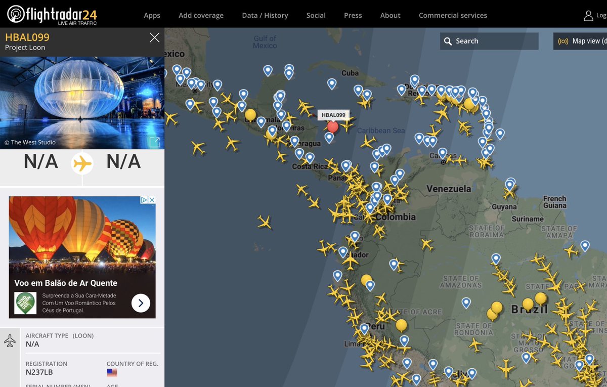 Kiteaton's tweet image. Seems like a lot of #ProjectLoon balloons are operating in the air over South and Central America...more than usual? Plus HBAL099 has wandered far out over the ocean south of Cayman. Fascinating #interneteverywhere (via @flightradar24)