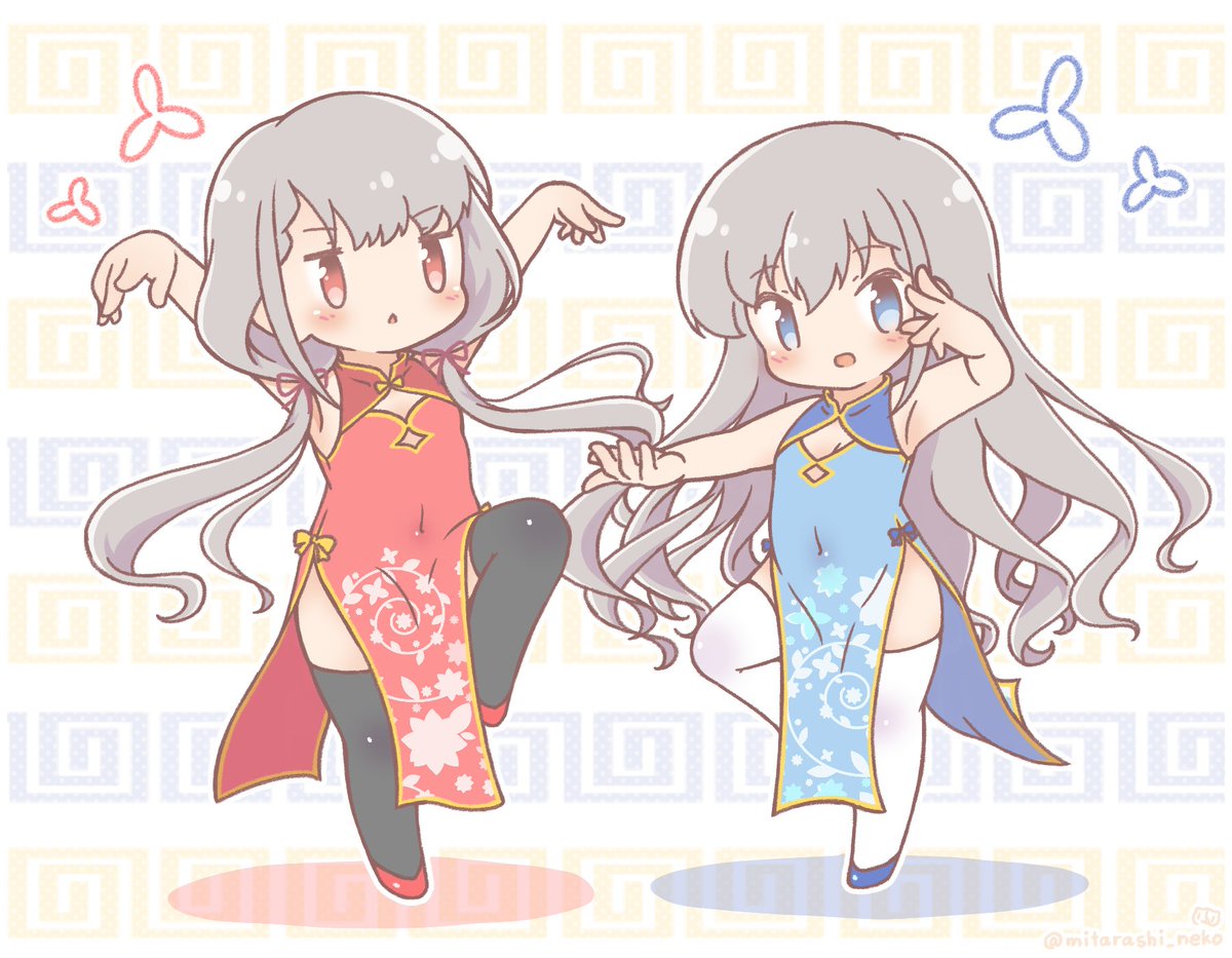 みたらしねこ 絵仕事募集中 なーはーチャイナドレス 二人揃うとなかなかいい感じの構図になりました チャイナドレスはおなかが見えない代わりにスリットがすきなのです