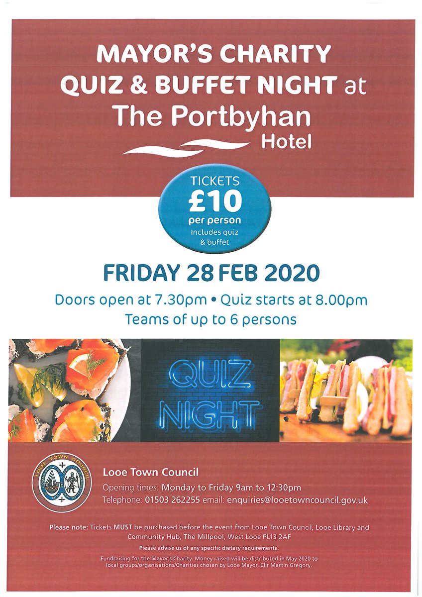 Mayor's Charity Quiz Night - tickets available from Looe Town Council #lovelooe
