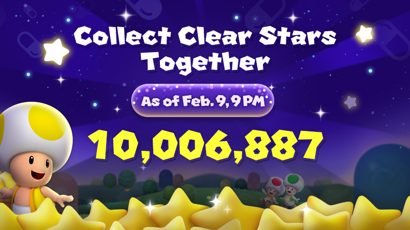 Drmarioworld_EN's tweet photo. Red: "The total number of Clear Stars you all collected by Feb. 9, 9 PM PT is... 10,006,887! Congrats, we’ll send doc tokens ×100. We're curious to see who we're up against, so how about sharing a screenshot of the doctor you staff with these hashtags?" #DrMarioWorld #Doctokens https://t.co/4Aax4bwiYx