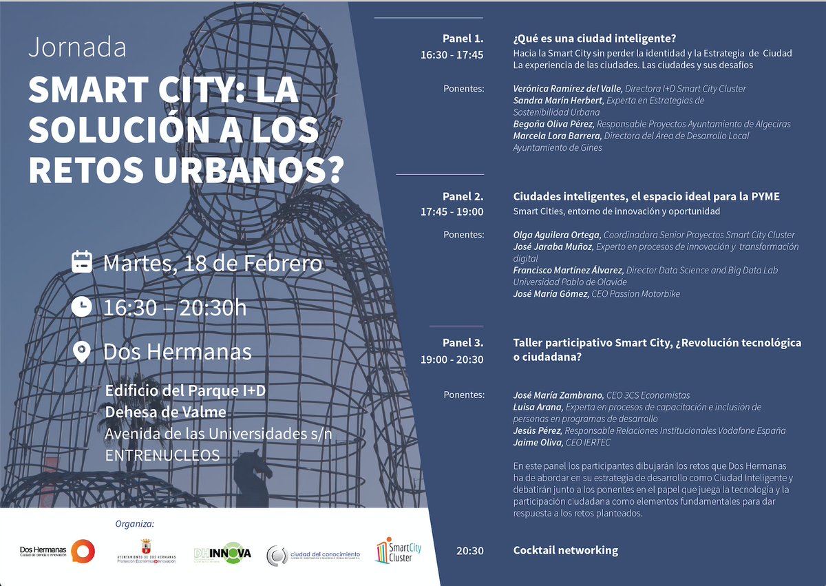smartcityclust's tweet photo. ¿Qué son las #SmartCities? ¿Hacia donde van? ¿Qué papel juega la #tecnología? ¿Y el #ciudadano? ¿Cuáles son los #retos urbanos? Debatiremos sobre estas y otras cuestiones el próximo 18 de febrero en #DosHermanas
#DHInnova
👉 Inscripción gratuita: https://t.co/oIu3SH5rpq https://t.co/5OsMvZDbNW