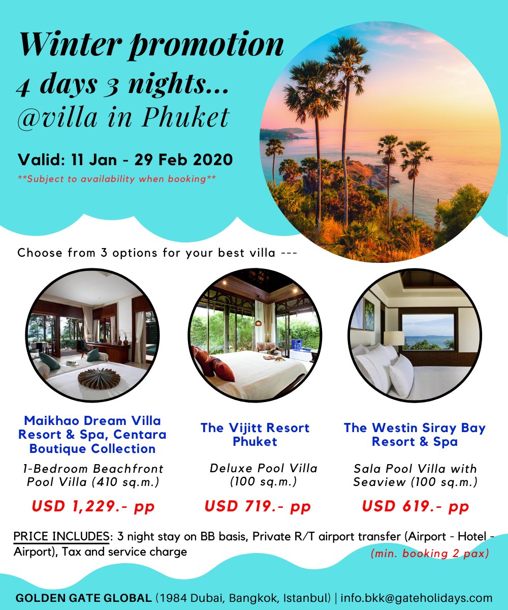gateholidays's tweet photo. Stay at luxury villa with private pool in Phuket, Thailand
Valid: Now - 29 Feb 2020
Contact: info.bkk@gateholidays.com
Website: https://t.co/F04t2Sy5Qb

**For agent partner only**

#phuket #villa #luxuryvilla #resort #hotel #poolvilla #travel #holiday #vacation #thailand #trip https://t.co/ubO0PFrVQG
