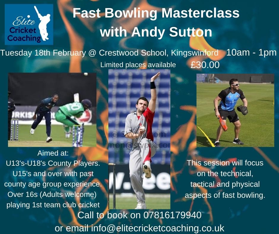 EliteCrickCoach's tweet photo. A few places still available on Andy Sutton’s Masterclass.If you have played first team cricket or some CAG in the past,or you are of a similar standard, then don’t miss this great opportunity to work with one of the best coaches around and one of club crickets best fast bowlers https://t.co/0LTLaAIvyf