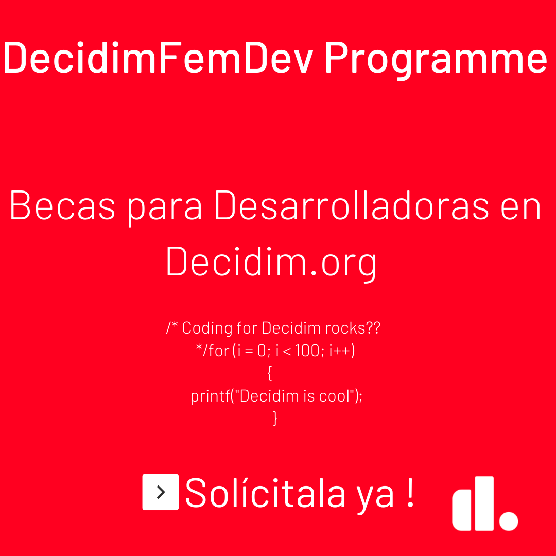 decidim_org's tweet image. 📣¡Atención!
Buscamos desarrolladoras para @decidim_org 

💜 Queremos que nuestro código sea más inclusivo y diverso 

👷🏾‍♀️Junto a @DigitalFems, hemos abierto #DecidimFemDev, una beca de formación en la plataforma Decidim

Infórmate aquí 👉🏾 decidim.org/blog/es/2020-0…