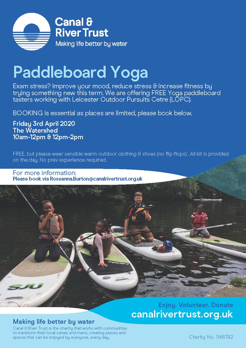 DMUactive's tweet photo. Want to look after your physical &amp; mental health whilst you study / work at @dmuleicester🤔

#DMUactive has linked up with the Canal &amp; River Trust to offer all @dmuleicester staff &amp; students FREE 'Paddleboard Yoga'🙌

Check out below how to get involved 👇

#HealthyDMU https://t.co/gBFFNNjExL