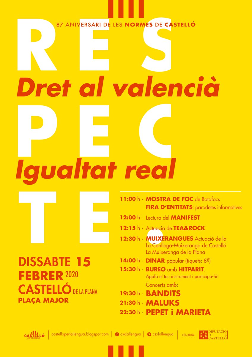 🔥🎉🗣️ Ja esteu preparades?!

Dissabte #15F, més de 12h d'activitats per la igualtat lingüística en commemoració dels #87anysNormes

👉 Amb <a href="/conlloga_/">Conlloga Muixeranga</a>, <a href="/MuixeDeLaPlana/">Muixeranga de la Plana</a>, bureo, Bandits, <a href="/MaluksGrup/">❤️‍🔥Maluks❤️‍🔥</a>, <a href="/pepetimarieta/">Pepet i marieta</a> i molt més!

No hi falteu! #NormesalaPlaça