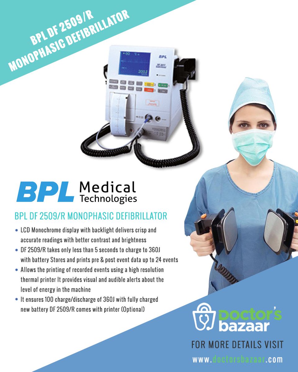 doctorsbazaar's tweet photo. The DF 2509/R monophasic defibrillator from #BPLMedical takes less than 5 sec. to charge to 360J with battery. Stores & prints pre&post event data up to 24 events. DF 2509/R is listed on #DoctorsBazaar at https://t.co/Wipp3dbaUd
#cardiology #defib #defibrillator #criticalcare https://t.co/bw0gcbTtWQ