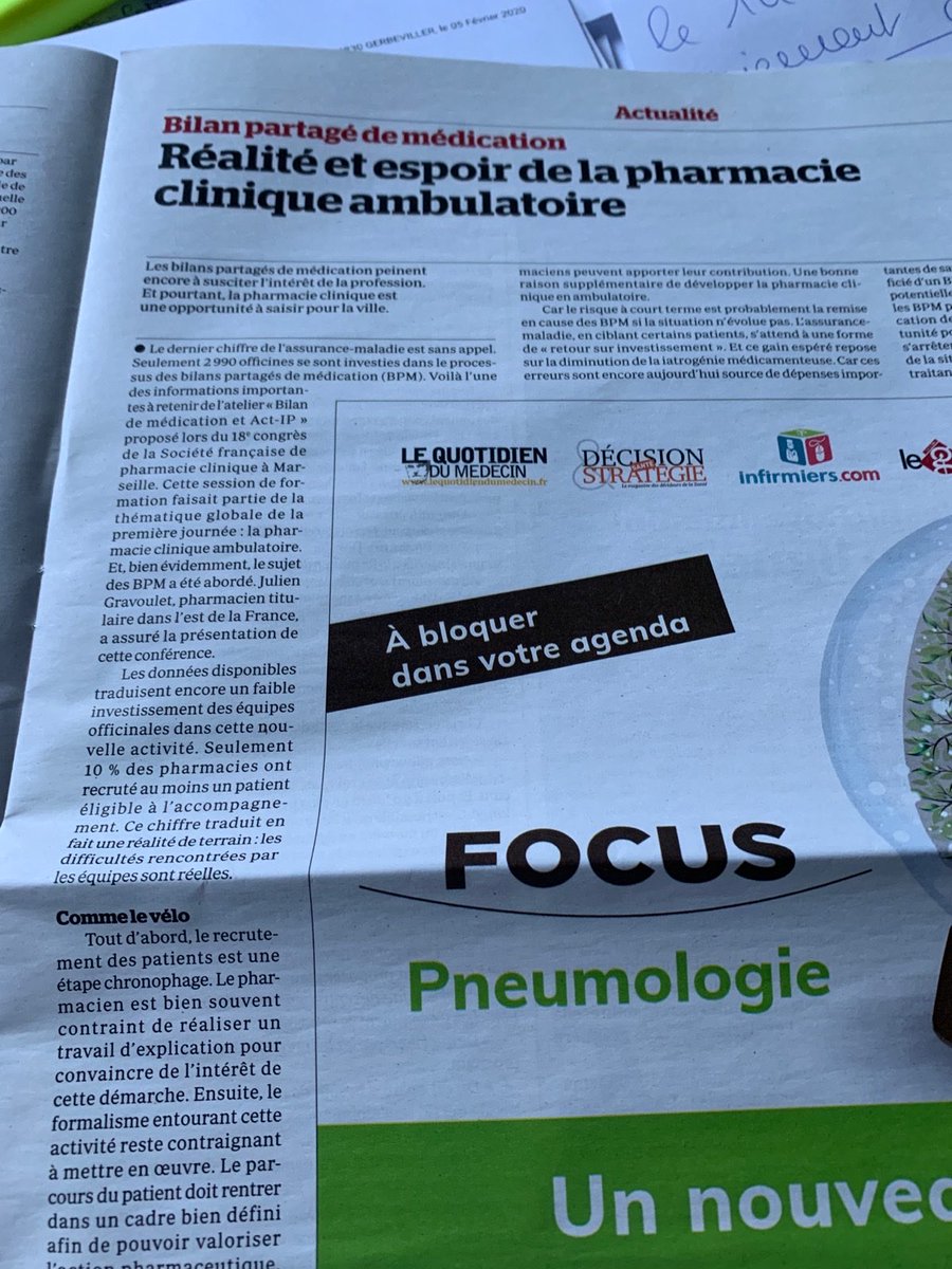 LecointreRomain's tweet photo. La #pharmacieclinique en ambulatoire on revient sur ce temps fort du congrés #SFPC20 dans @leQPH_fr @SFPCOfficiel merci @RuspiniEric pour la photo👍 https://t.co/EPG4iagXjp