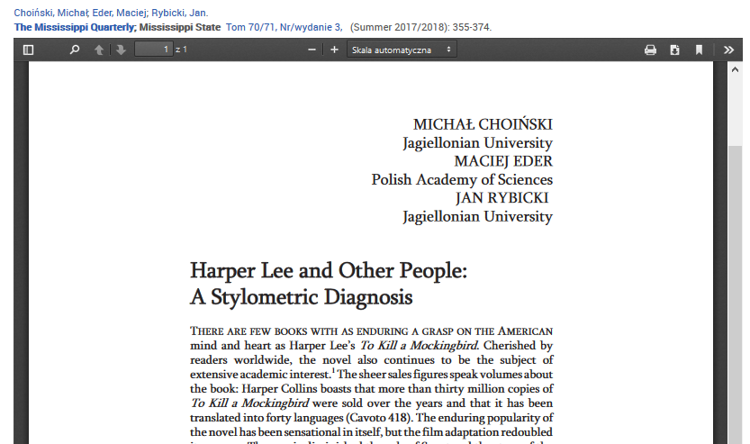 michal_choinski's tweet image. Did Harper Lee write both "Mockingbird" and "Watchman"?
Chceck out this article in #MississippiQuarterly by @Jan_Rybicki (@JagiellonskiUni), @MaciejEder (@dhkrakow) and me. We use #stylometry to answer that question #southernstudies #digitalhumanities #harperlee  #americanstudies