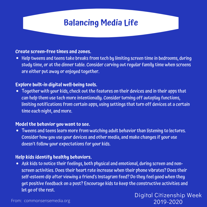 Celebrating Digital Citizenship Week <a href="/NorthDecaturHS/">North Decatur High School</a>.  It's important to keep a healthy  balance between screen time and non-screen time.  Here are some tips for media balance and well-being from Common Sense Media. #1DCCS