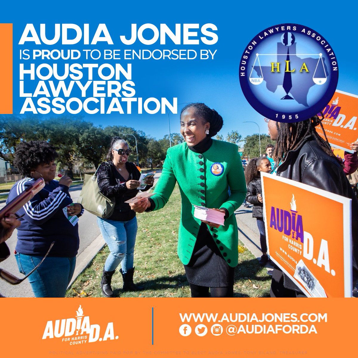 audiajones_law's tweet photo. I am extremely proud to announce that I have been endorsed by the Houston Lawyers Association!

The Houston Lawyers Association shares my commitment to fighting injustice in Harris County and I'm grateful to have their support. 

Early voting begins on February 18th!
#AudiaForDA https://t.co/FryYo62B26